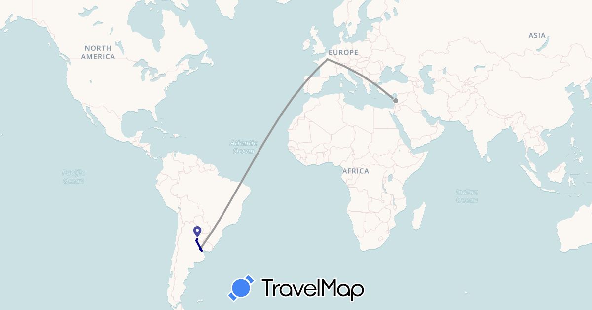 TravelMap itinerary: driving, plane in Argentina, France, Lebanon (Asia, Europe, South America)